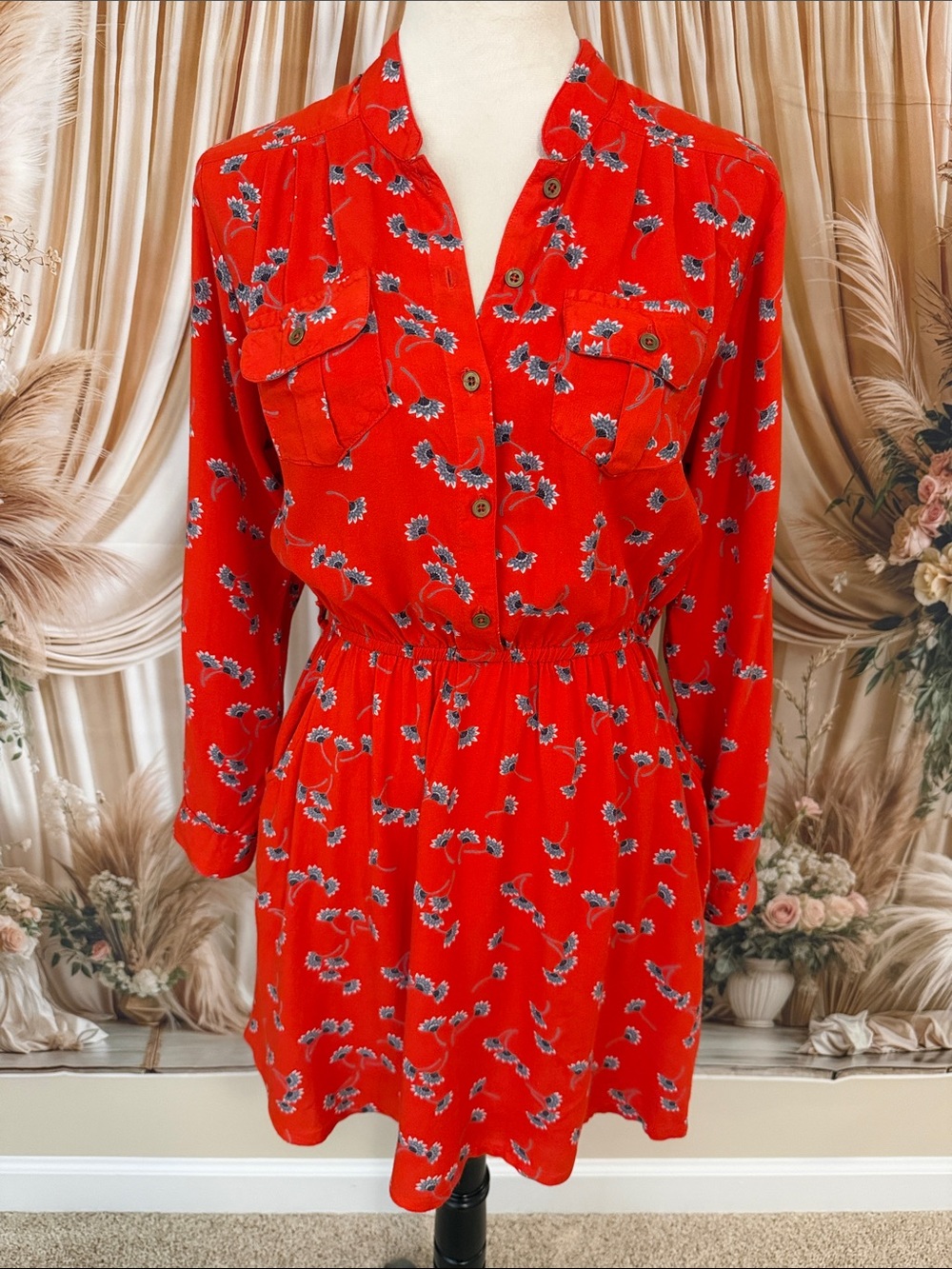 Angie Bright Red Floral Long-Sleeve Button-Front Dress